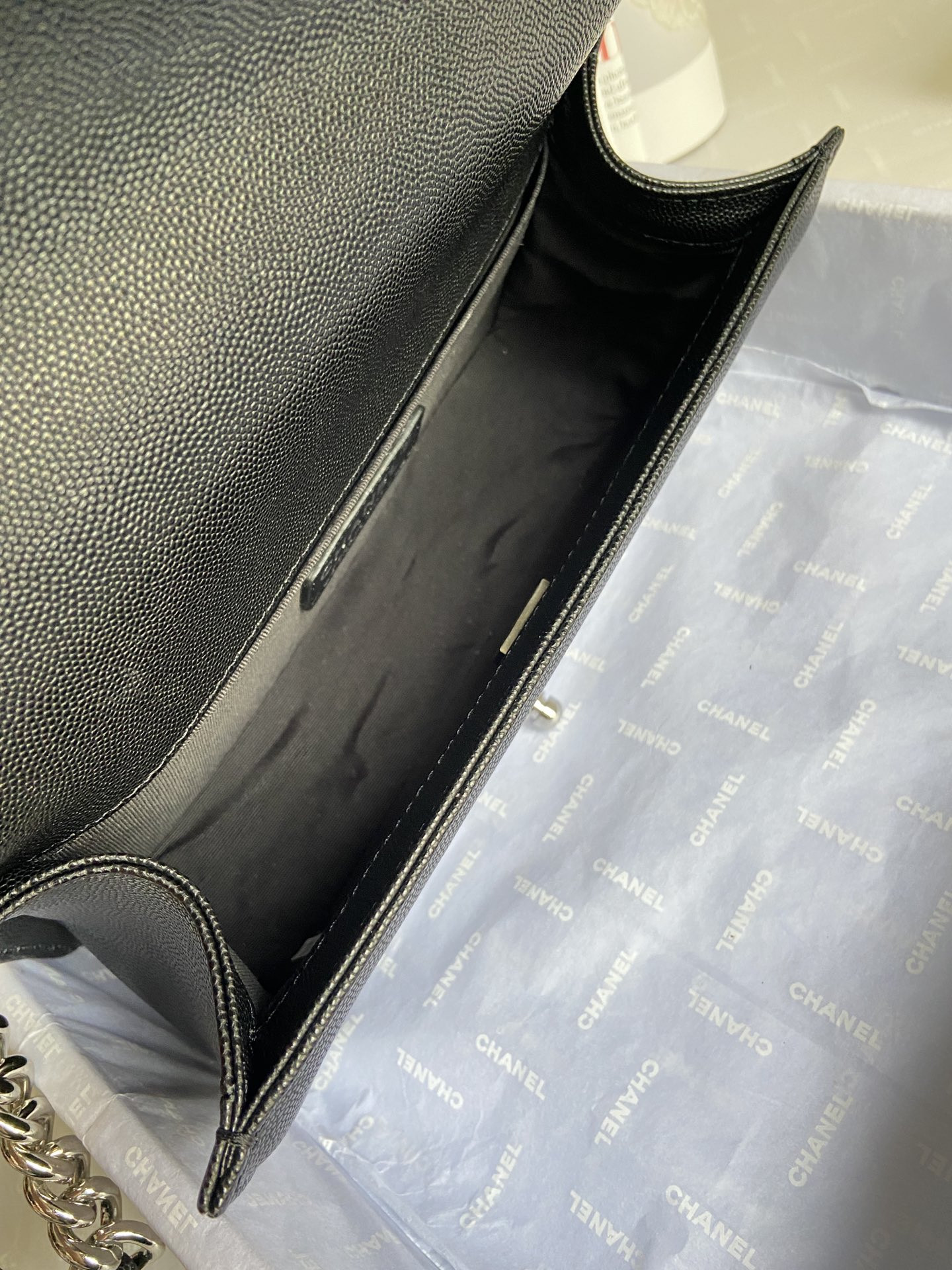 boy Ch*el handbag shiny grained calfskin & silver-tone metal black 5.9 × 9.8 × 3.5 in