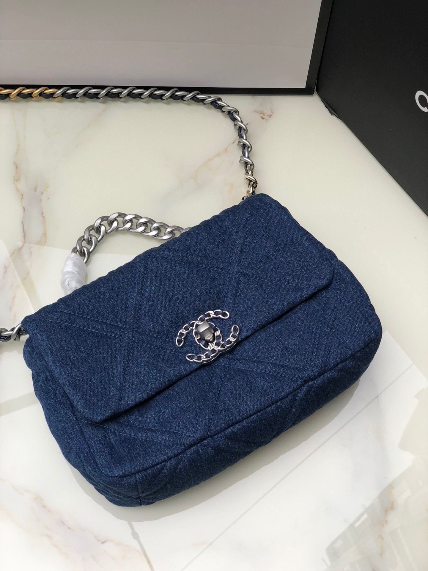 Ch*el 19 handbag, gold-tone, silver-tone & ruthenium-finish metal navy 6.2 × 10.1 × 3.5 in