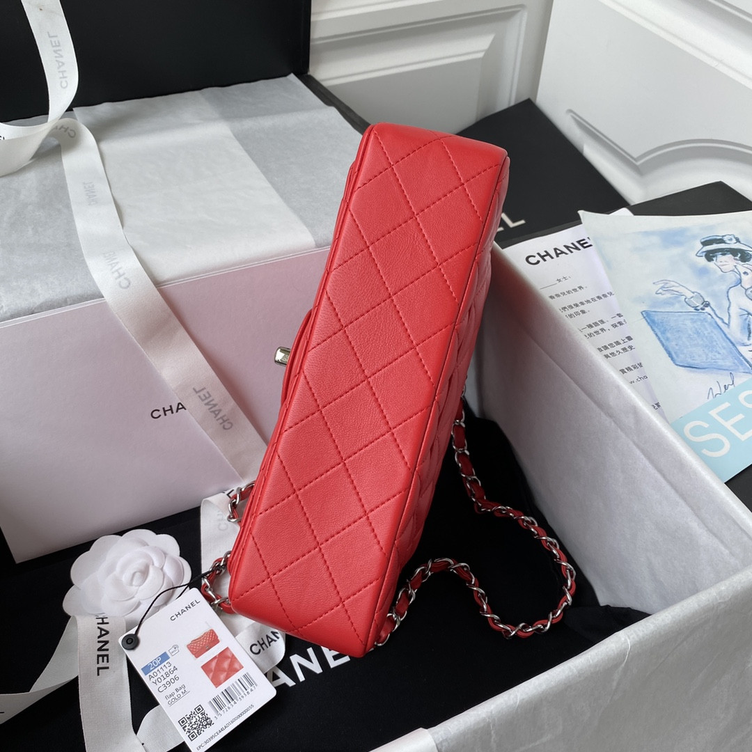 Ch*el small classic handbag lambskin & silver-tone metal red 5.7 × 9 × 2.3 in