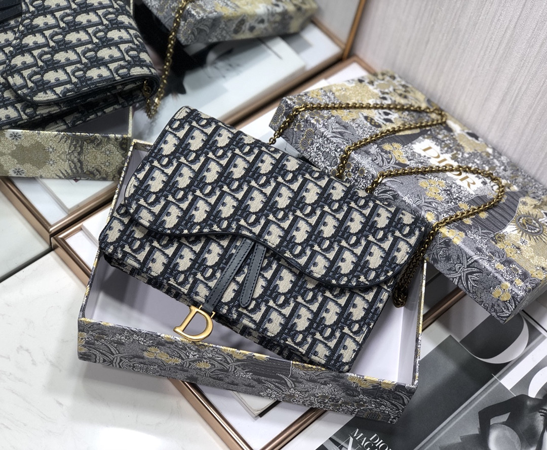 D*or saddle pouch blue D*or oblique jacquard 8.5 x 5.5 x 1.5 inches