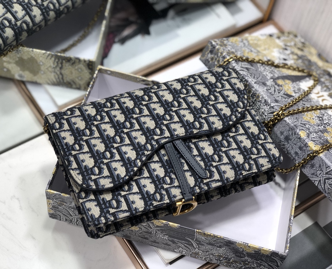 D*or saddle pouch blue D*or oblique jacquard 8.5 x 5.5 x 1.5 inches