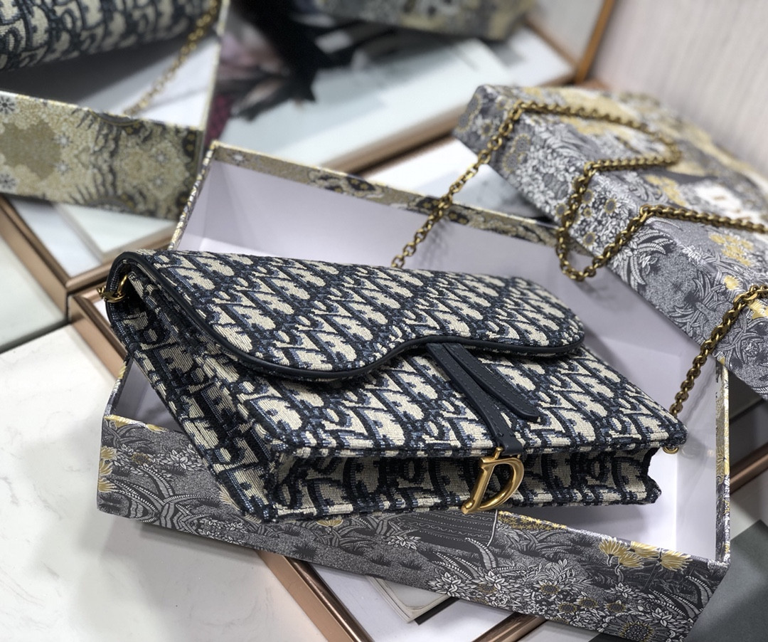 D*or saddle pouch blue D*or oblique jacquard 8.5 x 5.5 x 1.5 inches