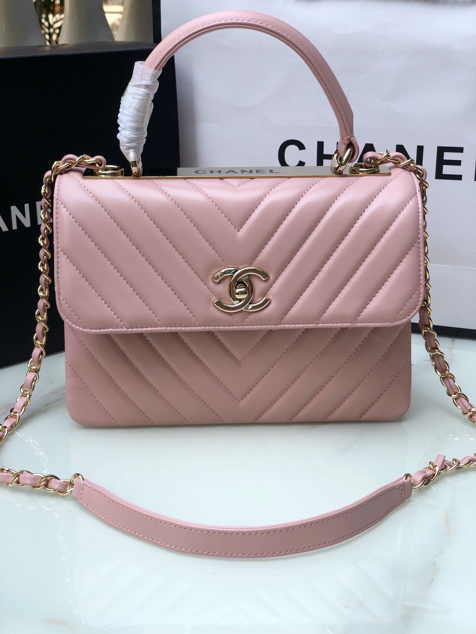Ch*el flap bag with top handle pink 6.6 × 9.8 × 4.7 in