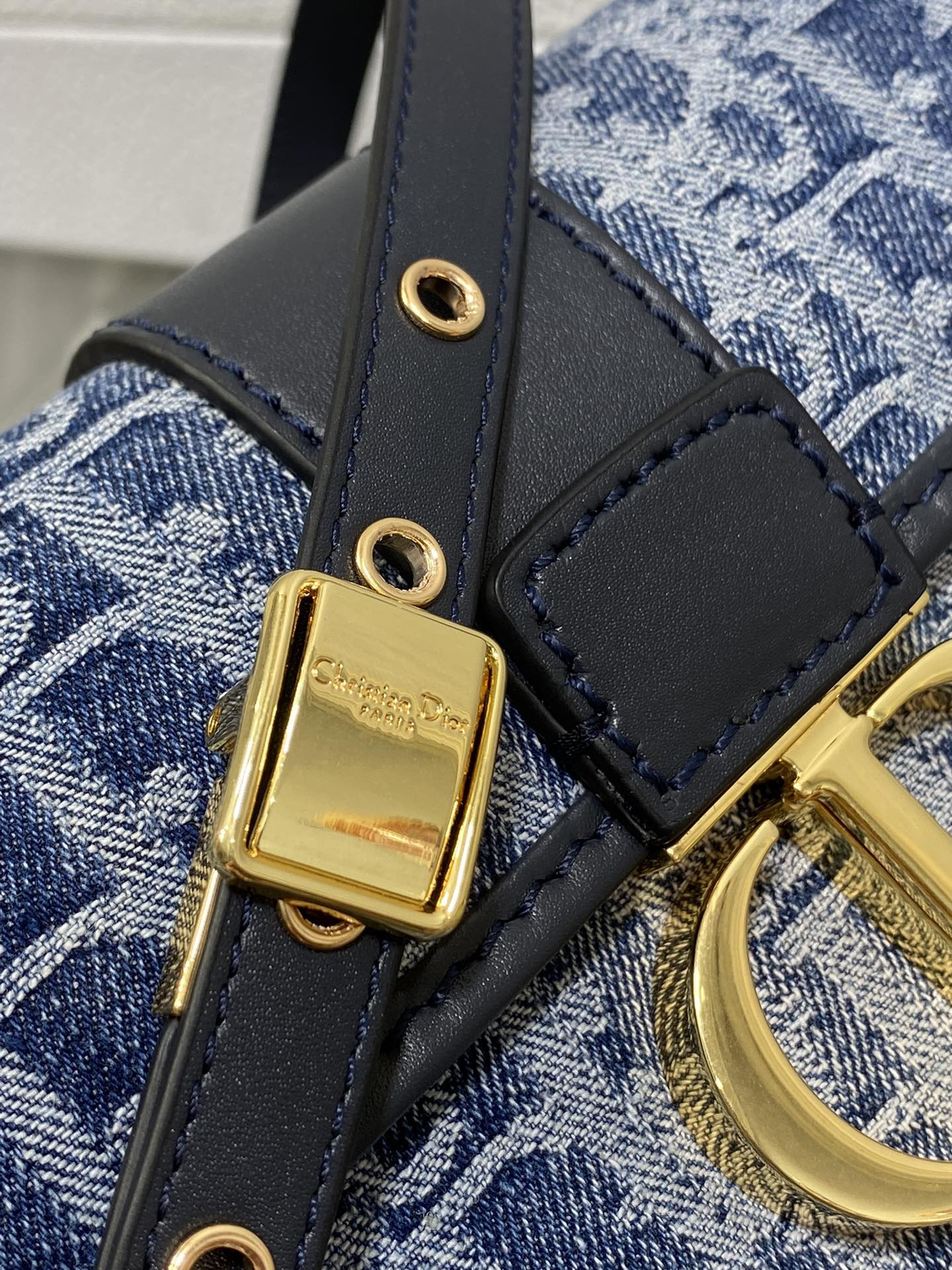 D*or 30 montaigne east-west bag with chain blue denim D*or oblique jacquard 21 x 12 x 6 cm